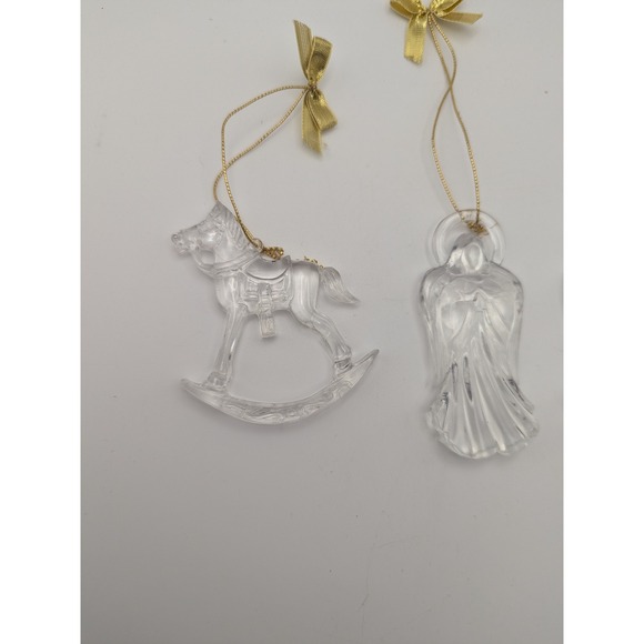 Vtg Set 4 Clear Acrylic Rocking Horse Angel Christmas Ornaments Gold‎ Bows - Picture 2 of 6